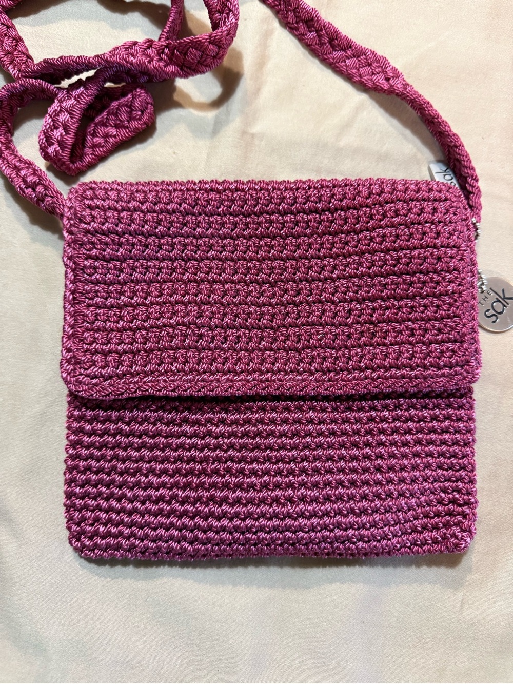 Vintage The Sak Crochet Crossbody Bag in Berry Pink